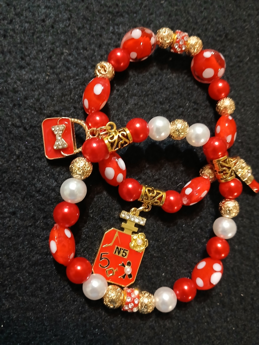 Red Polka Dot Charm Double Bracelet Set with Gold & Pearl Accents